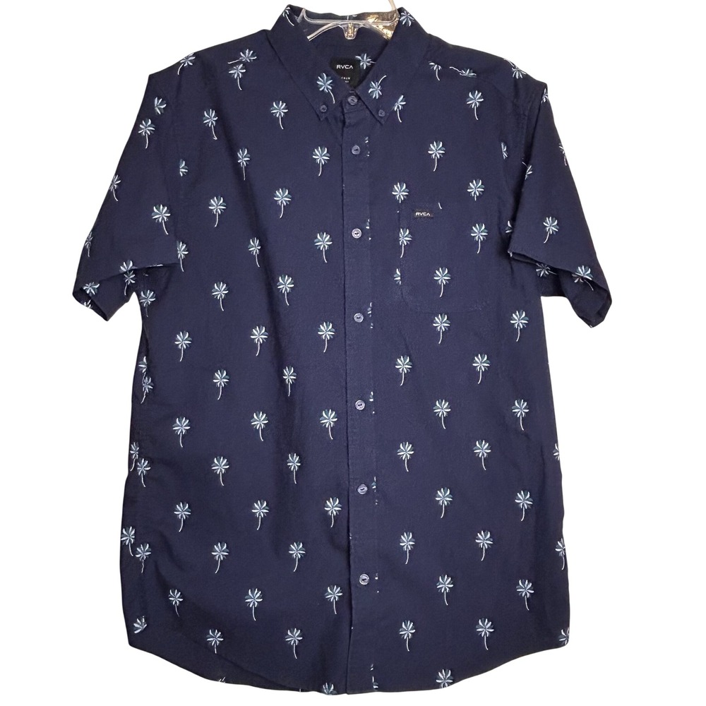 RVCA Mens Slim Fit Short Sleeve Shirt Large Navy Blue Button Up‎ Palm Tree Print